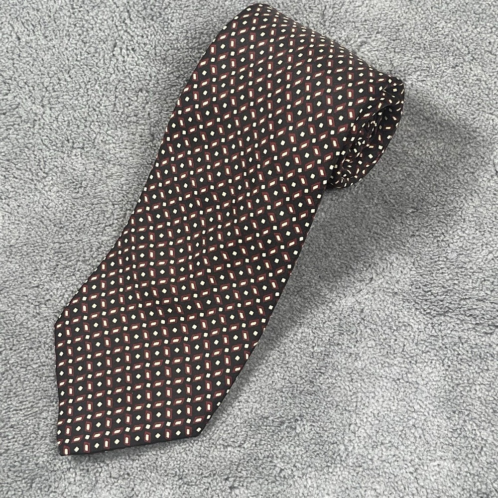 Brooks Brothers Makers Black Burgundy White Geometric Silk Tie Made in USA